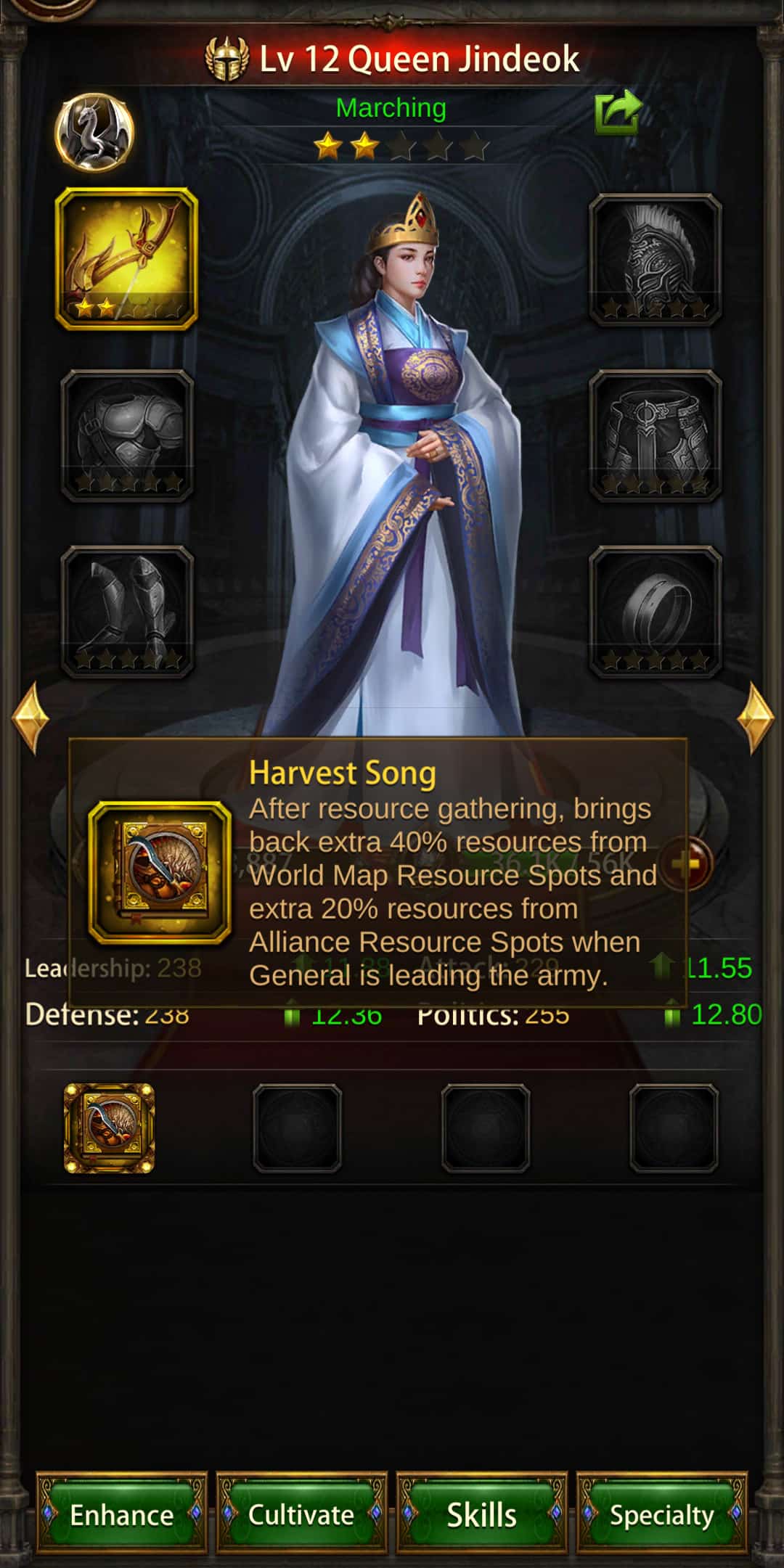 evony guide to gathering - Queen Jindeok's harvest song wins
